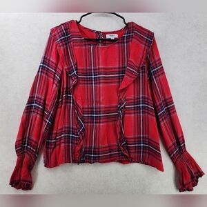 Kensie Red Plaid Flannel Ruffle Front Shirt Women's Size Large Soft Fabric